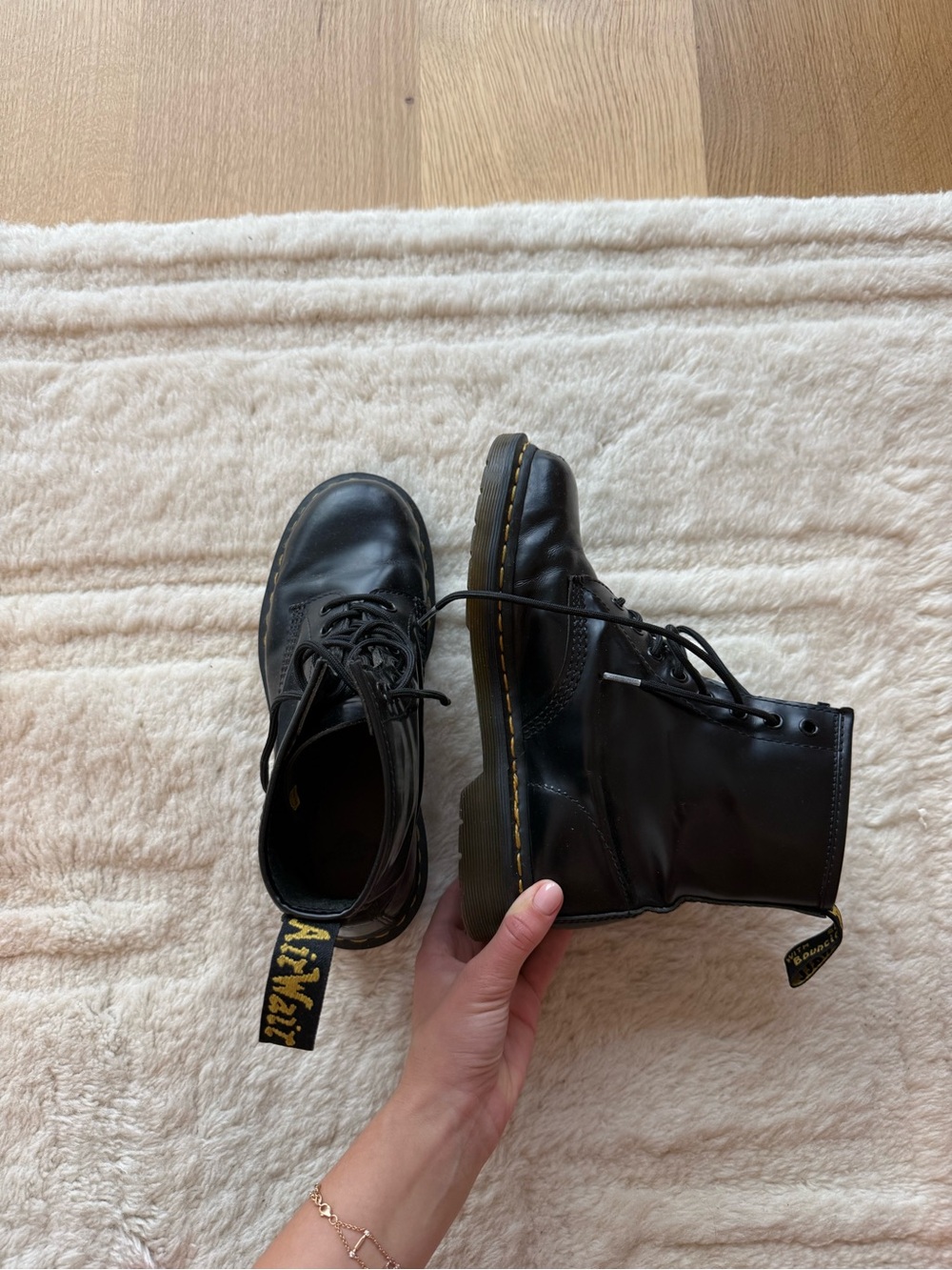 Dr. Martens Black Leather 8-Eye Boots with Yellow Stitching
